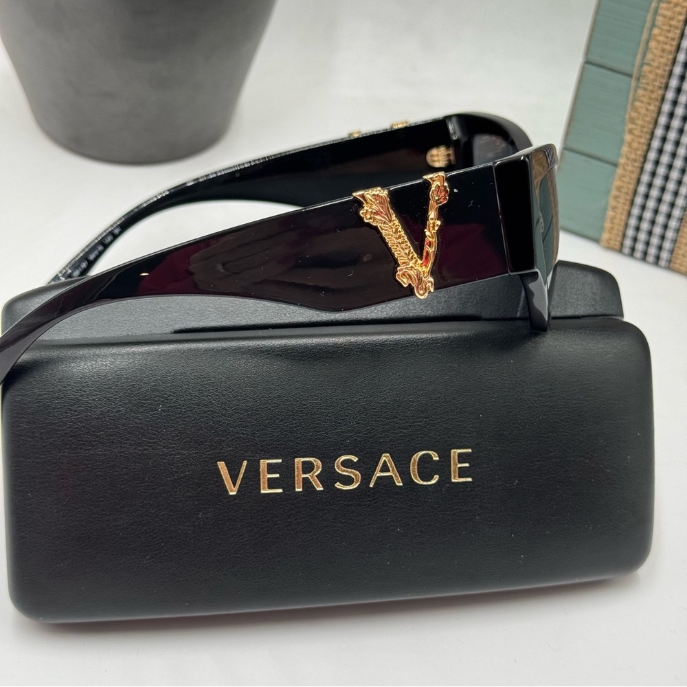 Versace Virtus Cat-Eye Sunglasses and Case in Black & Gold - Picture 3 of 11